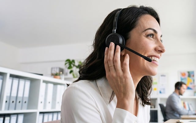 office, headset, smiling woman