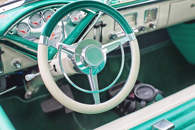 vintage car, steering wheel, turquoise